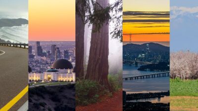 Photos of landscapes in central coast, southern, northern, and central vally of California