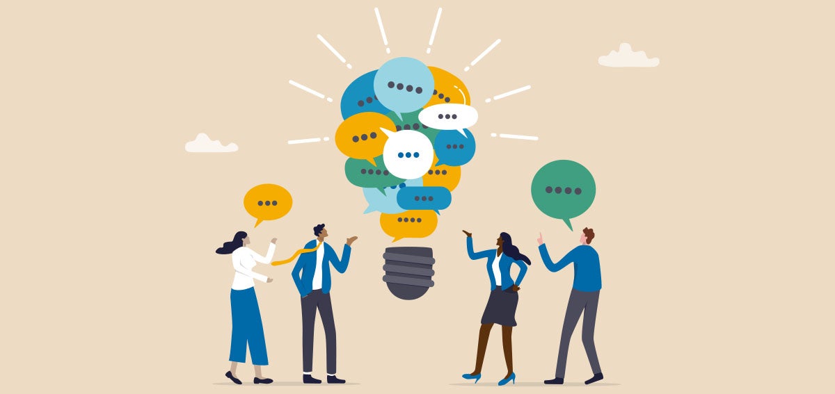 grantee voices help CHCF - Illustration of a group of people conversing and coming up with a bright idea