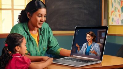 Teacher and young student talk to a doctor via a telehealth visit