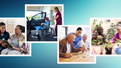 Collage of photos showing people in assisted living facilities.