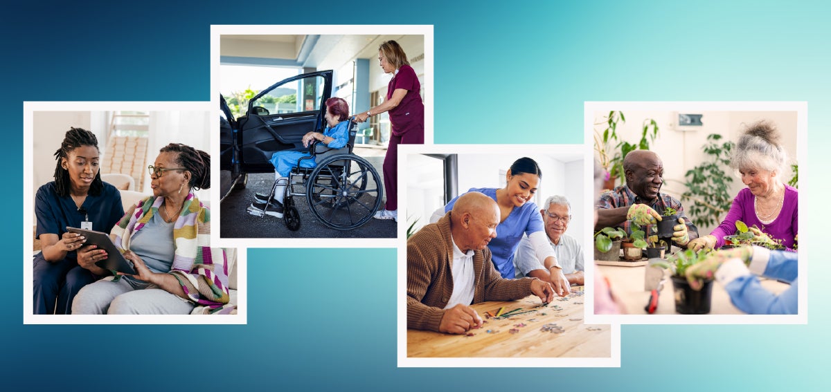 Collage of photos showing people in assisted living facilities.