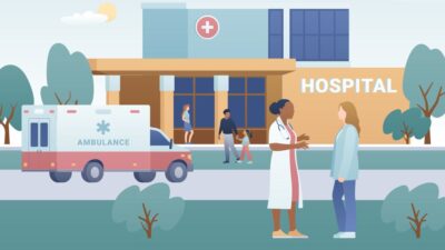 Illustration of members of a community coming and going from a hospital. A female doctor has a conversation with a woman in the foreground.