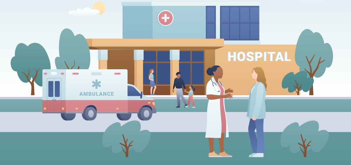 Illustration of members of a community coming and going from a hospital. A female doctor has a conversation with a woman in the foreground.
