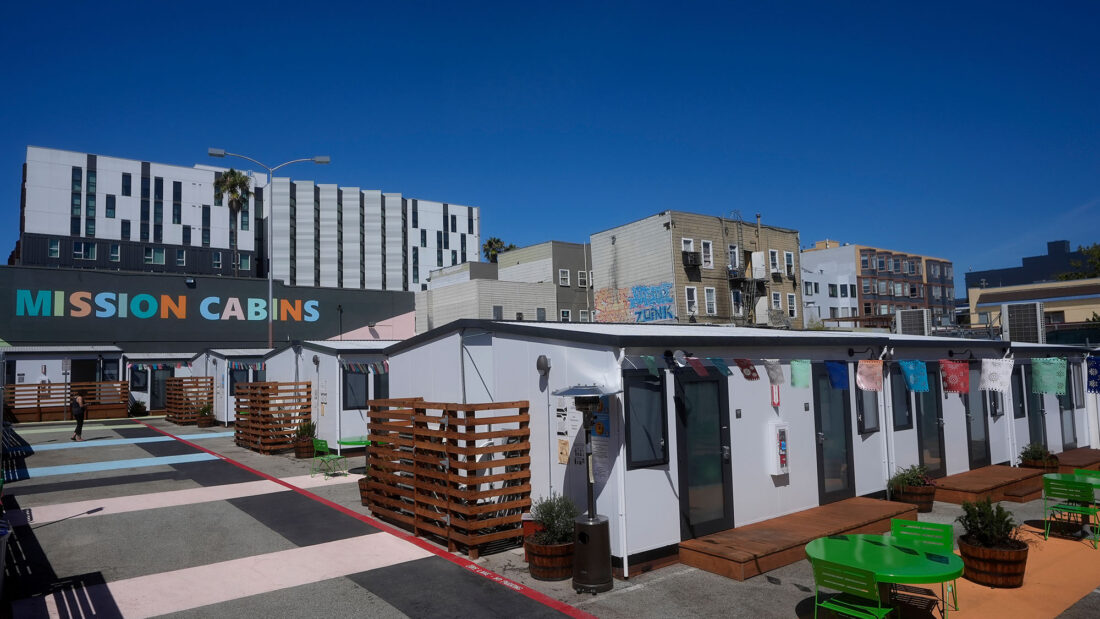 Behavioral Health Transformation Prop 1 - Mission Cabins sign at the Five Keys transitional housing location in San Francisco.