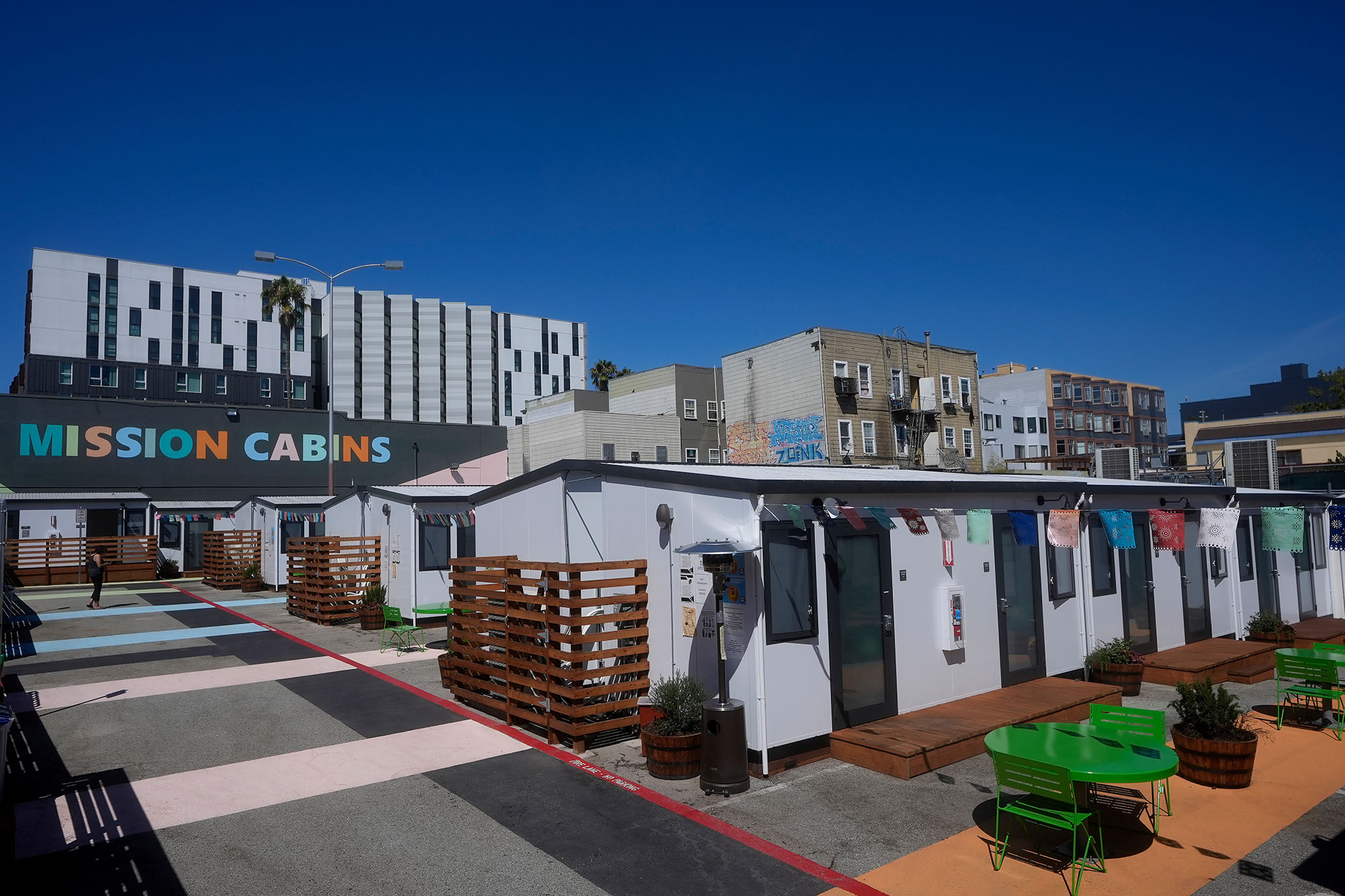 Mission Cabins sign at the Five Keys transitional housing location in San Francisco.