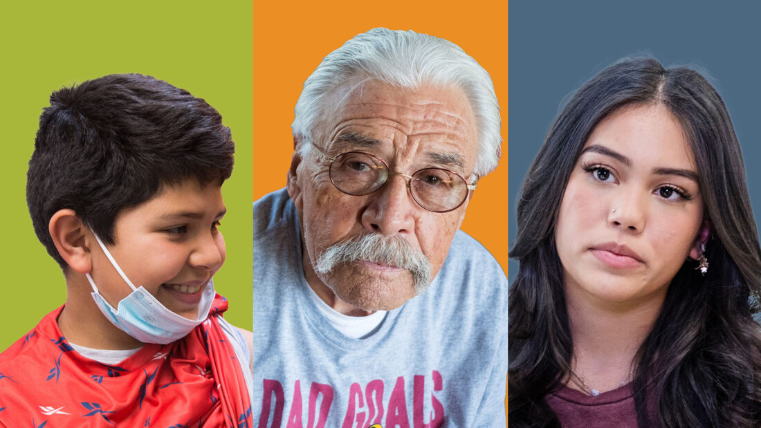 Composit image of a youg boy, an older man, and a teenaged girl.