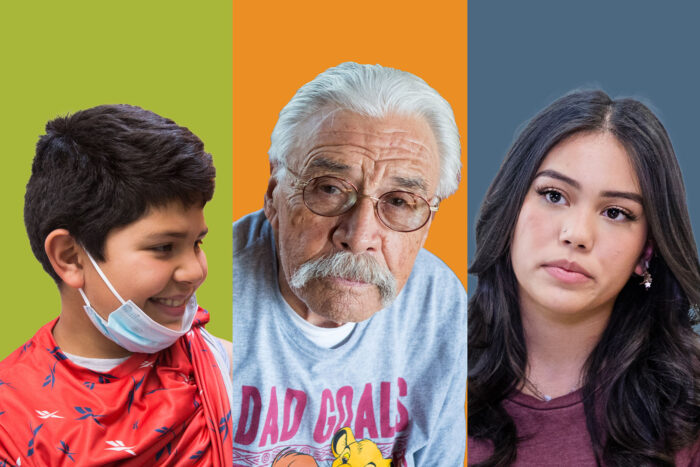 Composit image of a youg boy, an older man, and a teenaged girl.