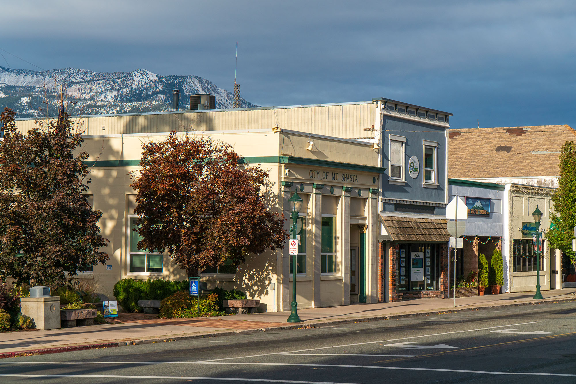 View of a small rural community downtown, the city of Mt. Shasta.