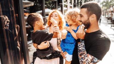 Family eats ice cream together.