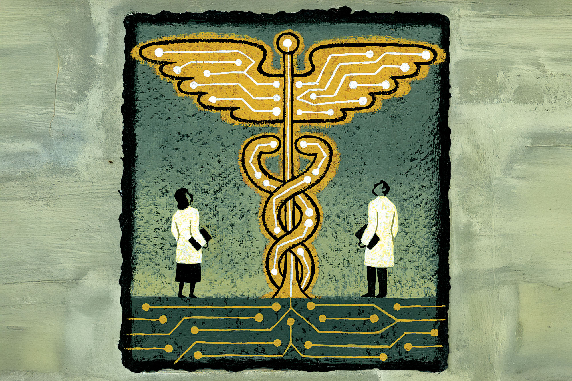 Illustration of doctors looking at a medical symbol