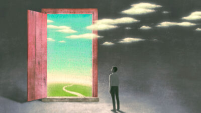 Illustration of a man looking through a door to a brighter future.