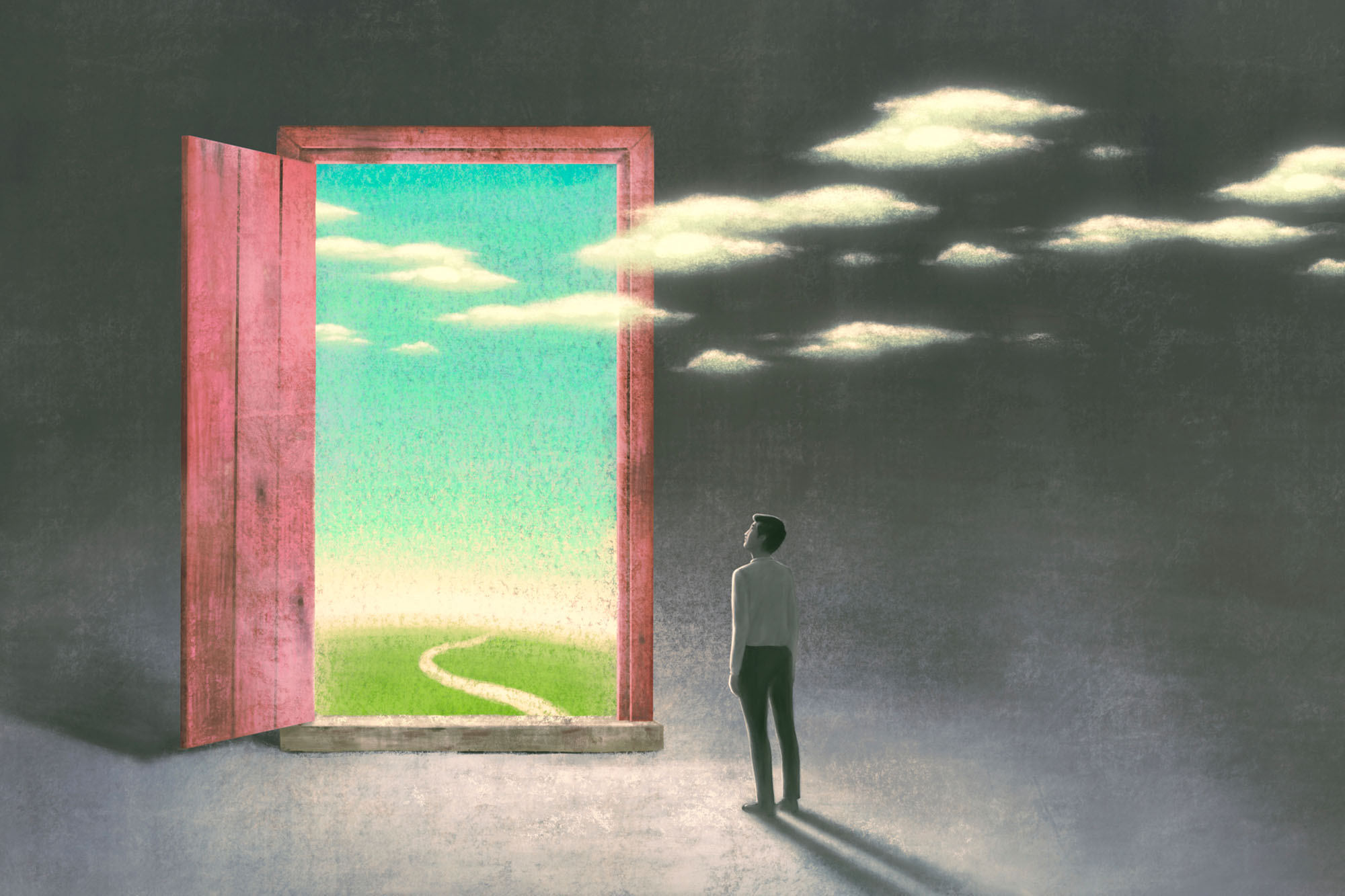 Illustration of a man looking through a door to a brighter future.