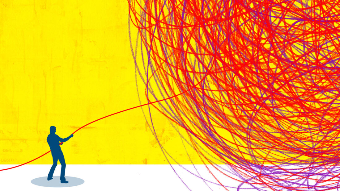 Simplifying California health care -Illustration of a person pulling a string out of a tangled ball