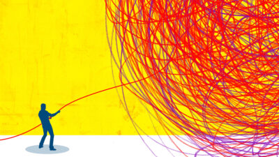 Illustration of a person pulling a string out of a tangled ball