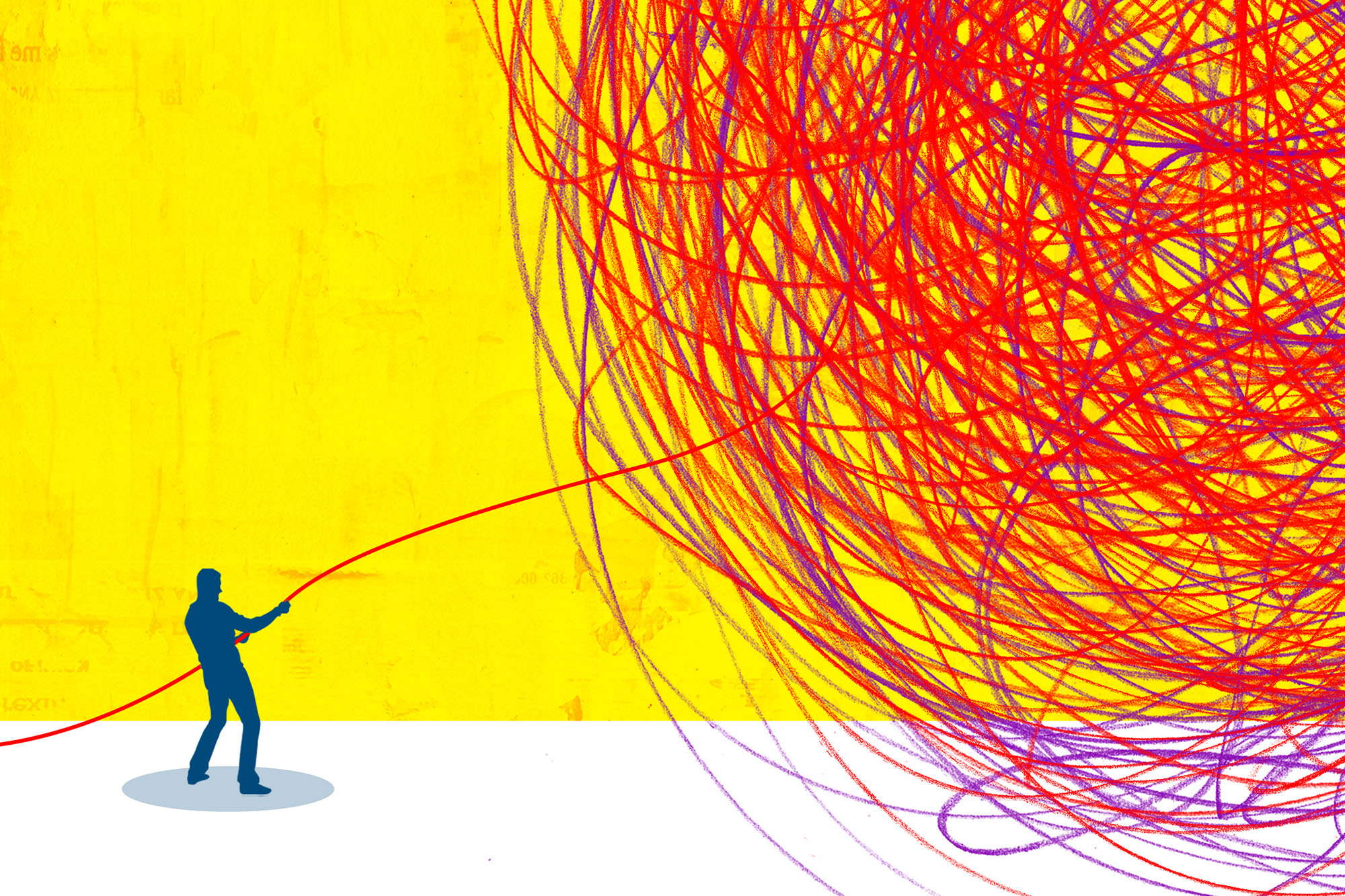Illustration of a person pulling a string out of a tangled ball