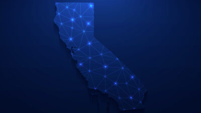 Illustration of a map of California with a network of lights.