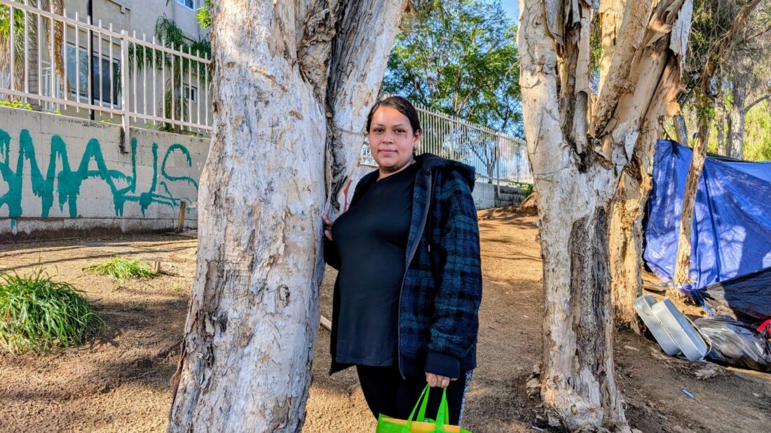 Los Angeles community clinic tax measure - a pregnant woman whose child is due in May 2026 poses at the homeless encampment where she lives