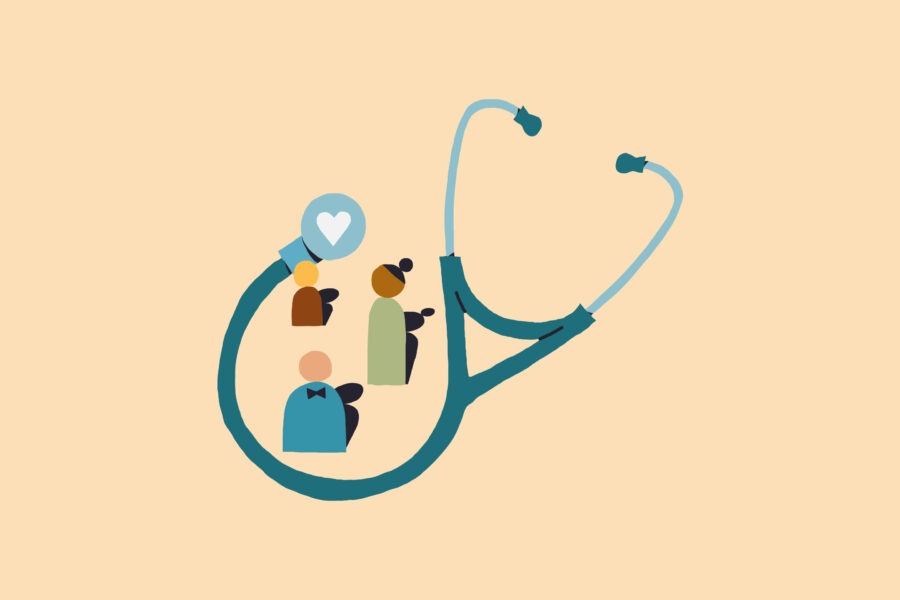 Illustration of stethoscope and people.