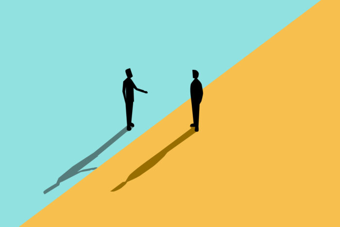 Illustration of two people talking across a divided landscape.