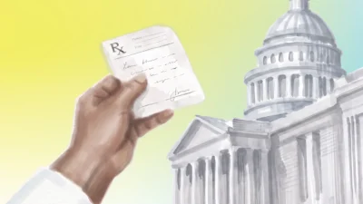 Illustration of a Doctor's arm giving a prescription to the California State Capitol