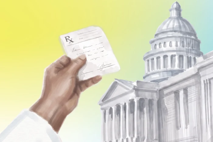 Illustration of a Doctor's arm giving a prescription to the California State Capitol