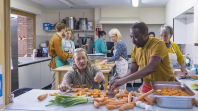 Group of men and women prepare food together in a community kitchen