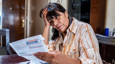 Distressed woman holds and looks at a hospital bill
