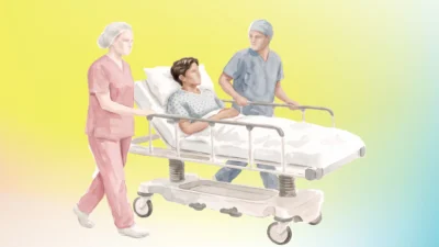 Young man being transported to surgery by two medical staff people - Prior authorization reform California