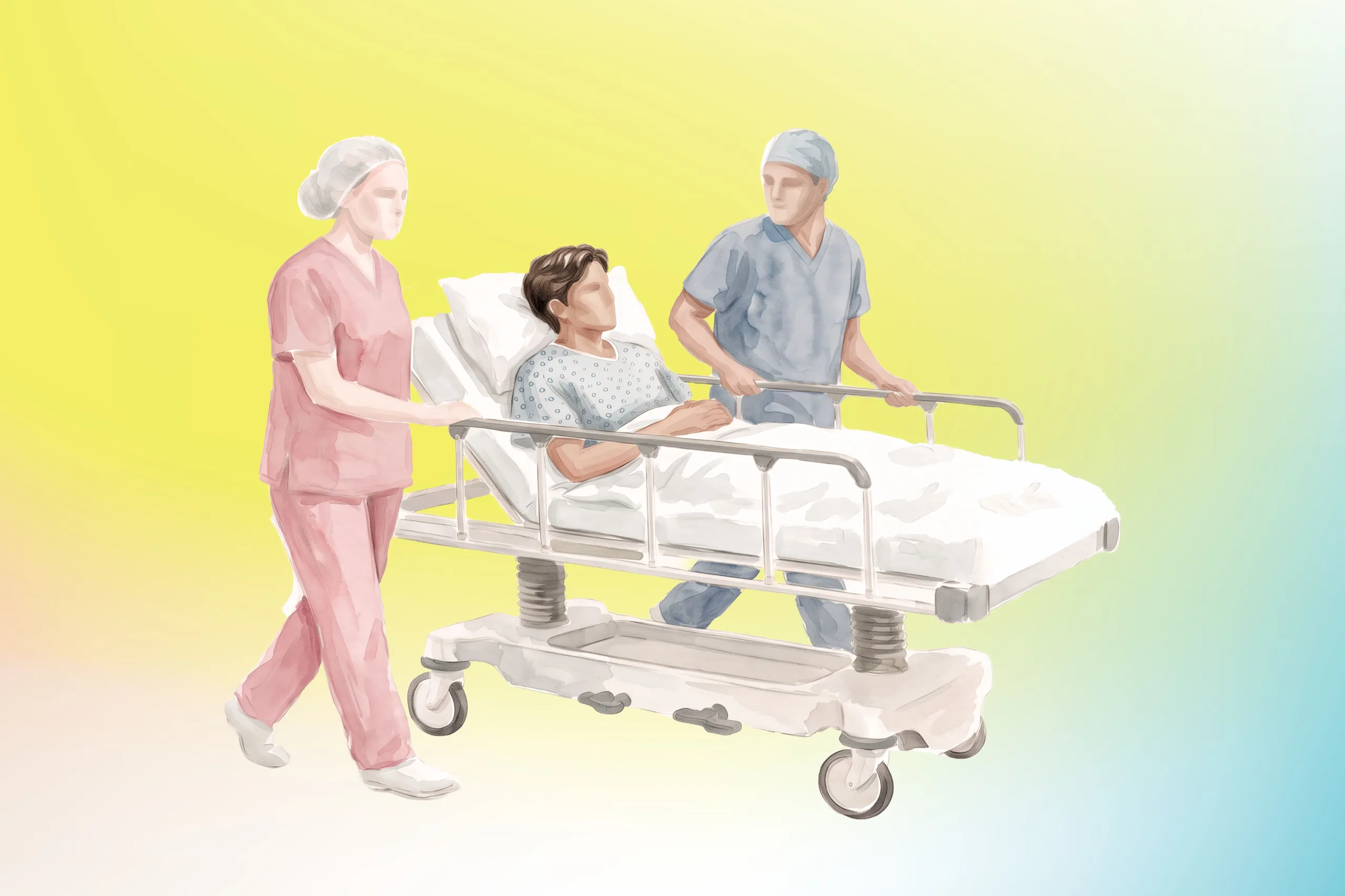 Young man being transported to surgery by two medical staff people - Prior authorization reform California